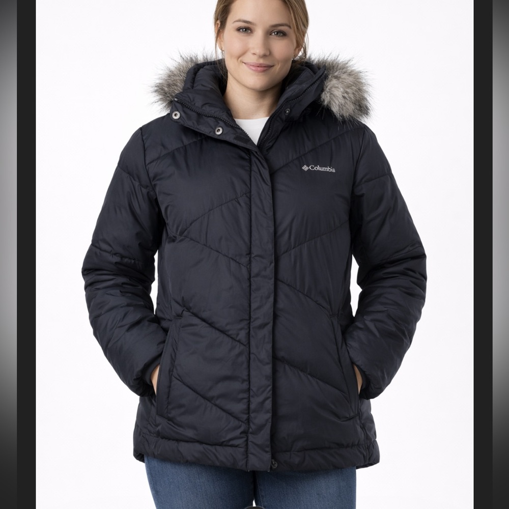 Columbia Women’s XL Black Hooded Puffer Jacket Faux Fur Trim Winter Coat
